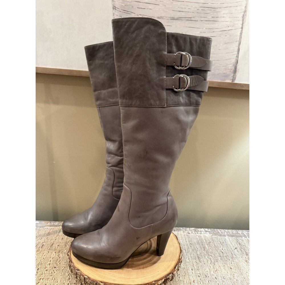 COLE HANN GREY‎ AIR COURTNEY TALL BUCKLE PLATFORM BLOCK HEEL BOOTS SZ-10